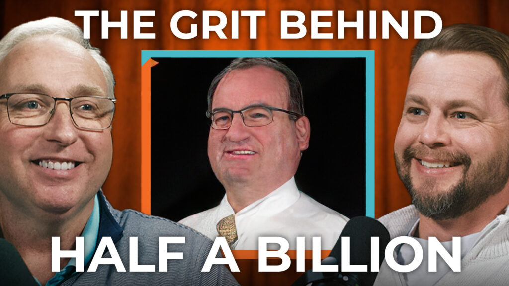Three smiling men sit in a podcast studio under "The Grit Behind Half a Billion," discussing leadership and Any Hour Services insights.