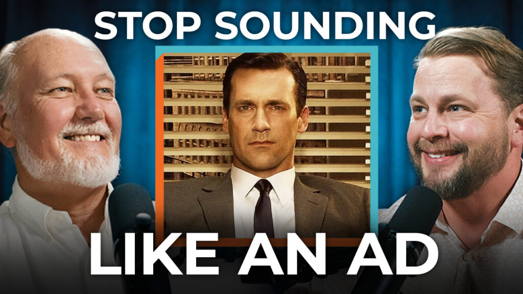 Two men with microphones flank a serious man in a suit. Text says, "Stop sounding like an ad." Learn seven advertising laws to break free.