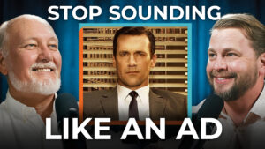 Two men with microphones flank a serious man in a suit. Text says, "Stop sounding like an ad." Learn seven advertising laws to break free.