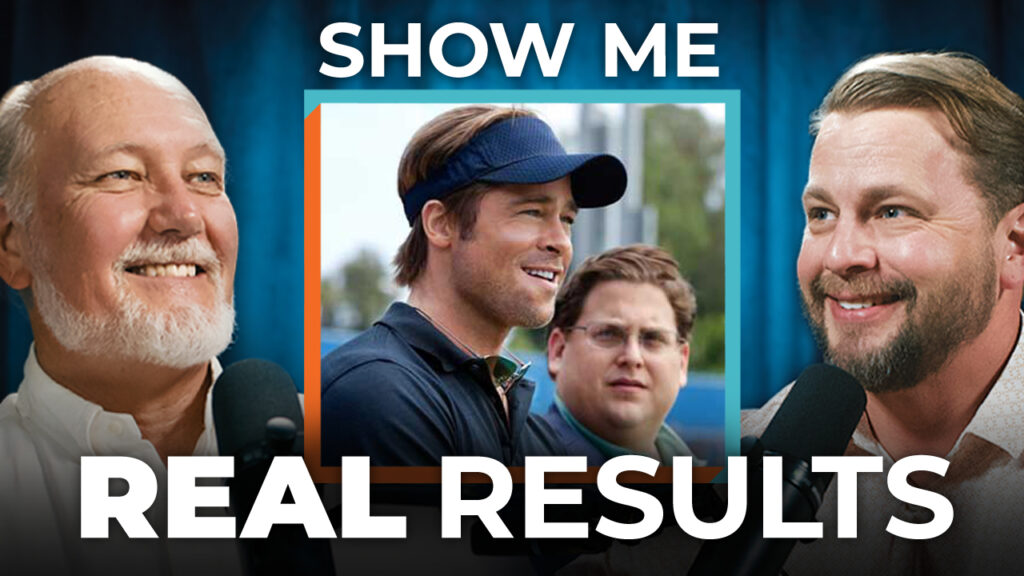 Three men with microphones stand on either side of two actors’ photo; bold text reads "SHOW ME REAL RESULTS," promoting marketing performance.