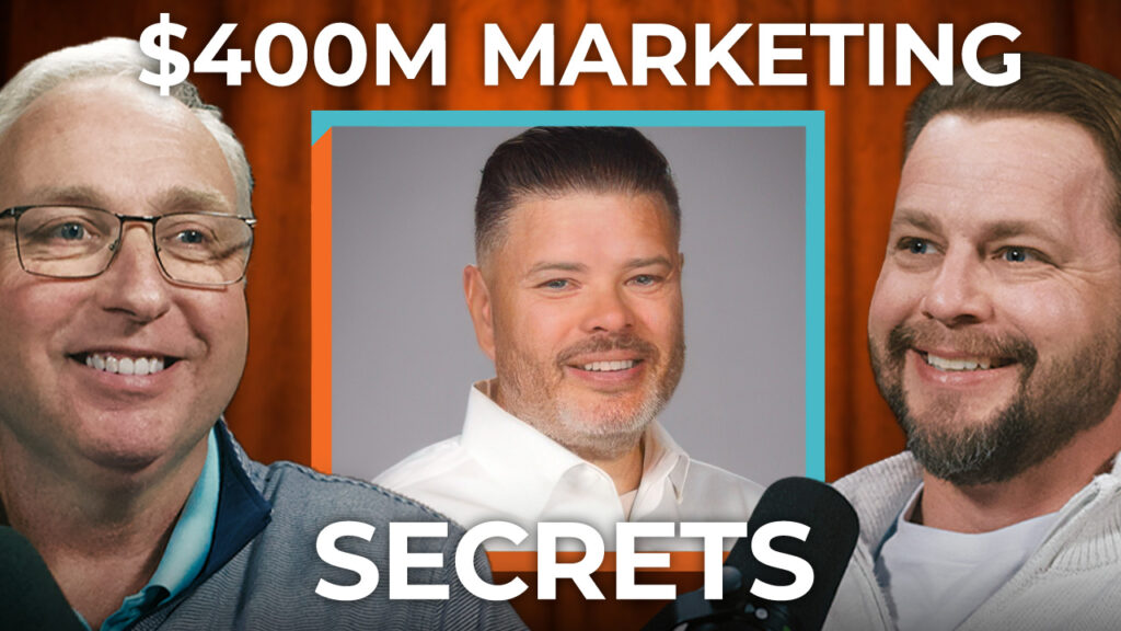 Three smiling men host a podcast as "$400M Marketing Secrets" appears onscreen, with CMO Mike Wilson giving business growth tips.