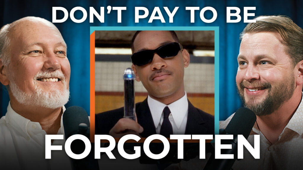 Two men speak into microphones while a man in sunglasses holds a device. The text "Don't Pay to Be Forgotten" emphasizes the importance of using Google Ads to keep your brand visible in search results.