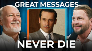 Three men in suits hold microphones. Text says “Great Messages Never Die.” Powerful messages outlast any medium.