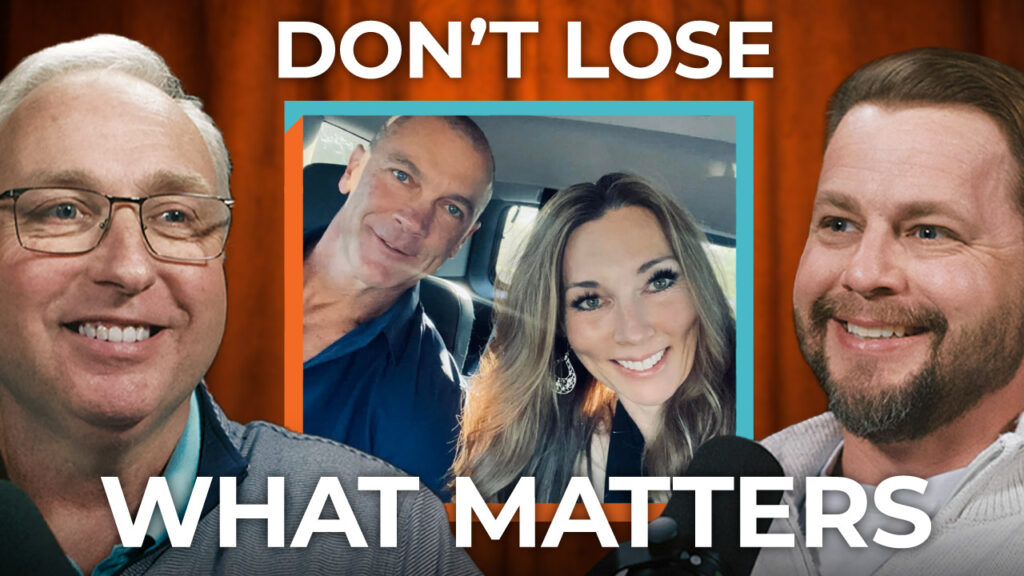 Three smiling men hold microphones and surround a happy couple’s photo. Text says "Don't Lose What Matters." Balance work and family.