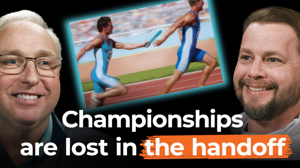 Two men smile next to a relay race photo displaying the text: "Championships are lost in the handoff," stressing smooth leadership transition.