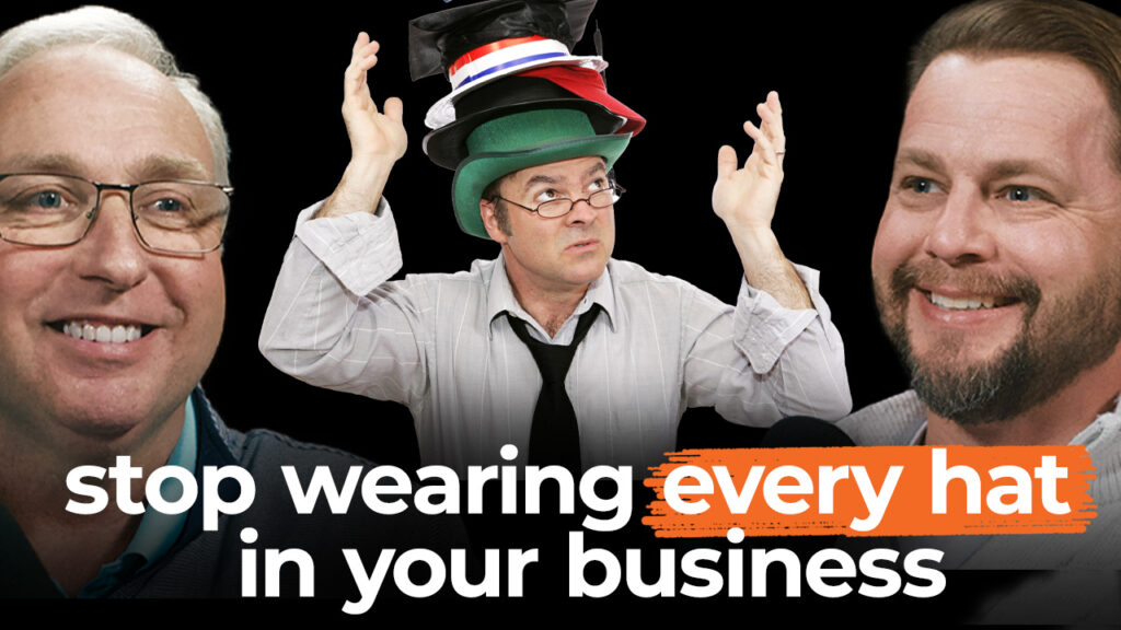 Three men; one stacks several hats on his head. Text reads: "Delegate for business growth—stop wearing every hat yourself.
