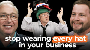 Three men; one stacks several hats on his head. Text reads: "Delegate for business growth—stop wearing every hat yourself.