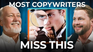 Two men use microphones and another inspects with a magnifying glass; text says, "Most copywriters miss this crucial step.