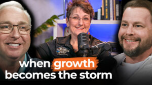 Three people smile; one speaks into a microphone. "When growth becomes the storm" appears, featuring Stacie Feller of KangaRoof on their $22 Million Year.