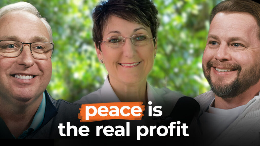 Three smiling people wearing glasses stand before blurred green, bold text reads "peace is the real profit," showcasing leadership lessons.