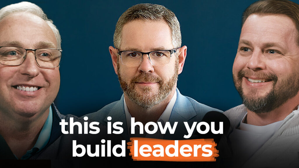 Three men in glasses smile, representing Building Leaders in the Trades, as the text "this is how you build leaders" appears below.