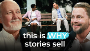 Three people with microphones recreate the iconic Forrest Gump bench scene; text: "this is WHY stories sell" highlights storytelling's marketing power.