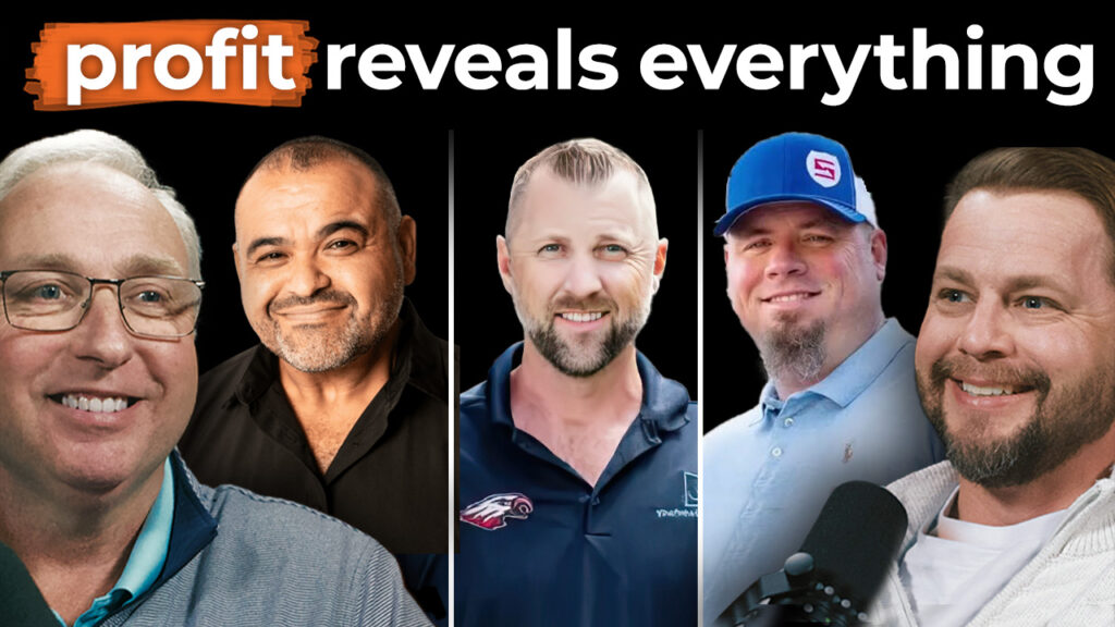 Five smiling men stand under the text "profit reveals the truth" on a black background, showing leaders see what profit uncovers.