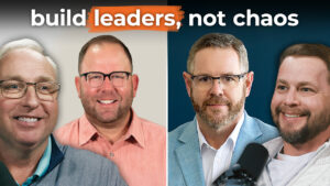 Four smiling men in professional attire stand below the text "build leaders, not chaos," promoting effective leadership training.