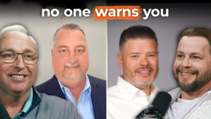 Four smiling men stand together in pairs beneath text that reads "no one warns you," sharing a candid moment among growth leaders.