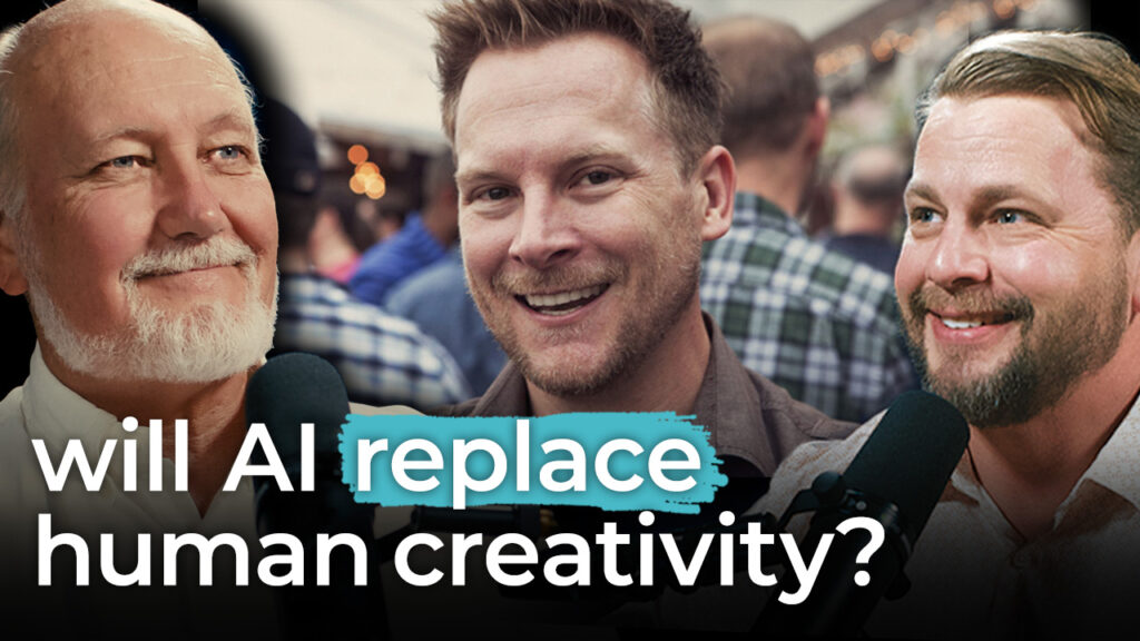 Three men smile and hold microphones as text asks, "Will AI replace human creativity or art?" displayed over the image.
