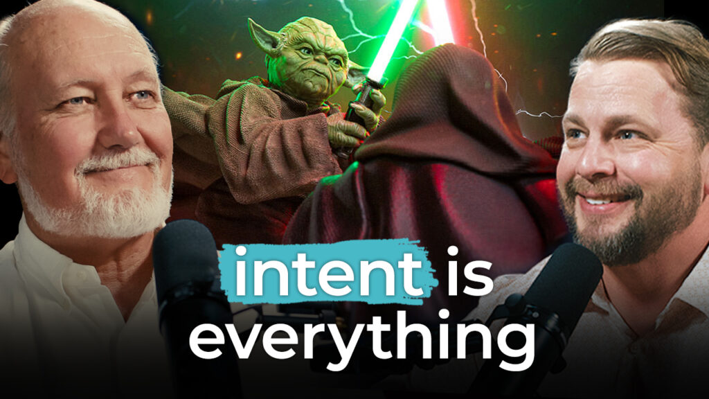 Yoda and a hooded figure wield lightsabers as two men speak into microphones; text reads "intent is everything" about ethics.
