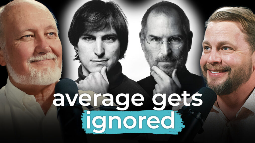 Steve Jobs and three men appear beside bold text, "average gets ignored," urging bold, daring choices to make brands stand out.