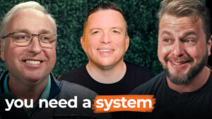 Three men smile in front of a leafy backdrop. Text at the bottom reads, "you need a system"—inspiring you to scale and boost productivity.