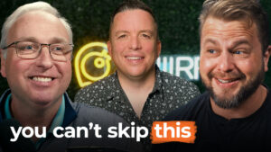Three smiling men stand before a green background with the text: "you can't skip this." Learn business lessons and systemize success.