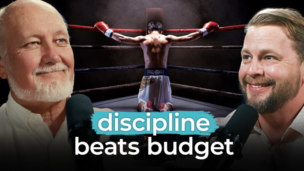 Two men speak into microphones as a boxer leans against the ropes. The text reads, “discipline beats wasted money.”.