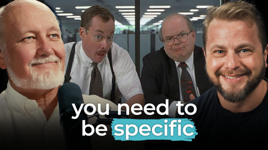Four men—two smiling, two serious—with text: "you need to be specific." Use specific language to build trust in conversations.
