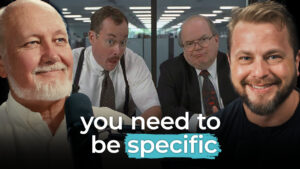 Four men—two smiling, two serious—with text: "you need to be specific." Use specific language to build trust in conversations.