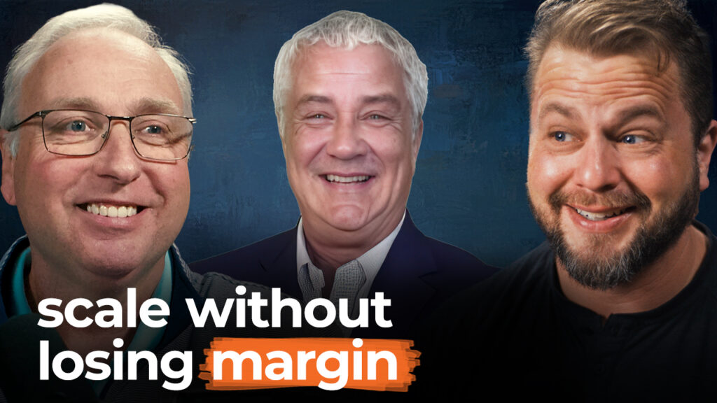 Three men smile under the text “scale without losing margin” on a dark blue background.