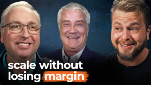 Three men smile under the text “scale without losing margin” on a dark blue background.