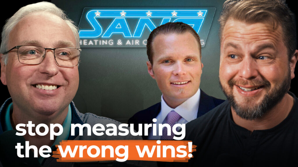 Three smiling men with "SANIT Heating & Air Conditioning" logo and text: "Stop measuring the wrong wins!" Show HVAC expertise, 5-star service.
