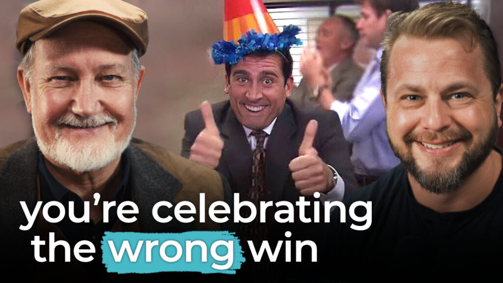 Three men smile; one wears a party hat. The text says, “you’re celebrating the wrong win.” Great for talking SEO or ads success.