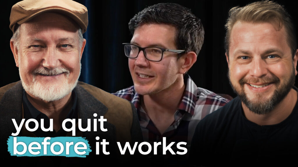 Three men smile as bold white and blue text reads “you quit before it works,” emphasizing a striking moment in advertising.