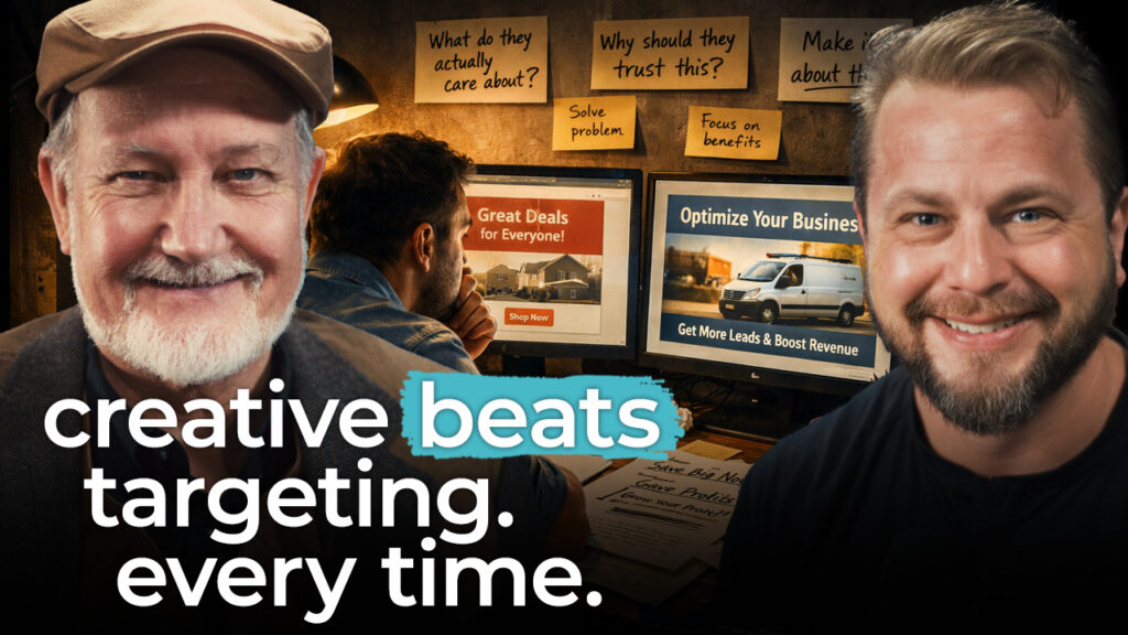 Two smiling men stand before marketing screens displaying “creative beats targeting. every time.” Creative strategies drive superior ROI.