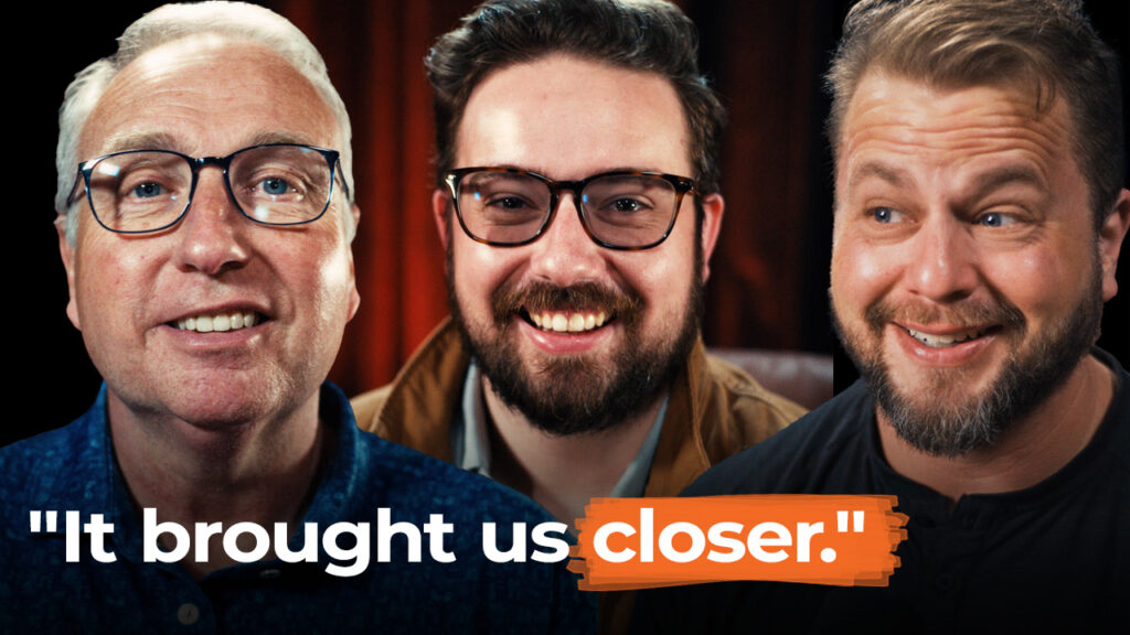 Three business owners wearing glasses smile, with the phrase “It brought us closer.” shown at the bottom of the image.