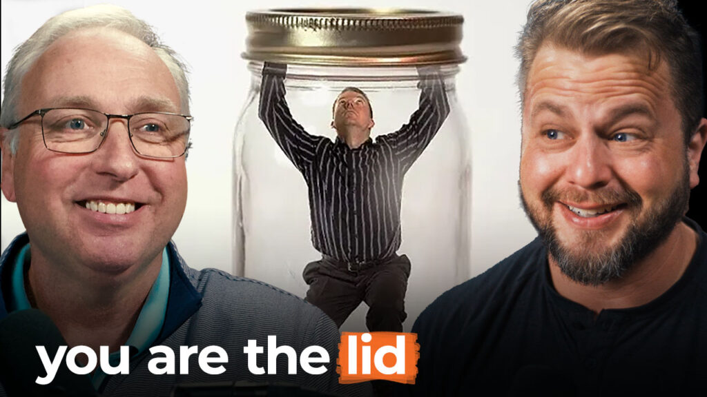 Two men hold microphones and smile as another man sits inside a jar. Bold text says, "You are the lid.