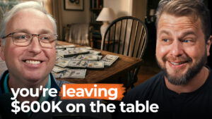 Two smiling men stand before a table piled with cash; text reads, "Optimize your service calls or miss out on $600K.